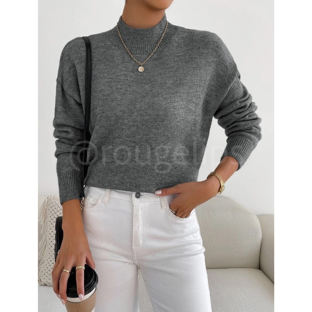 Grey Turtleneck Knit Pullover Sweater Long Sleeve - Picture 2 of 7